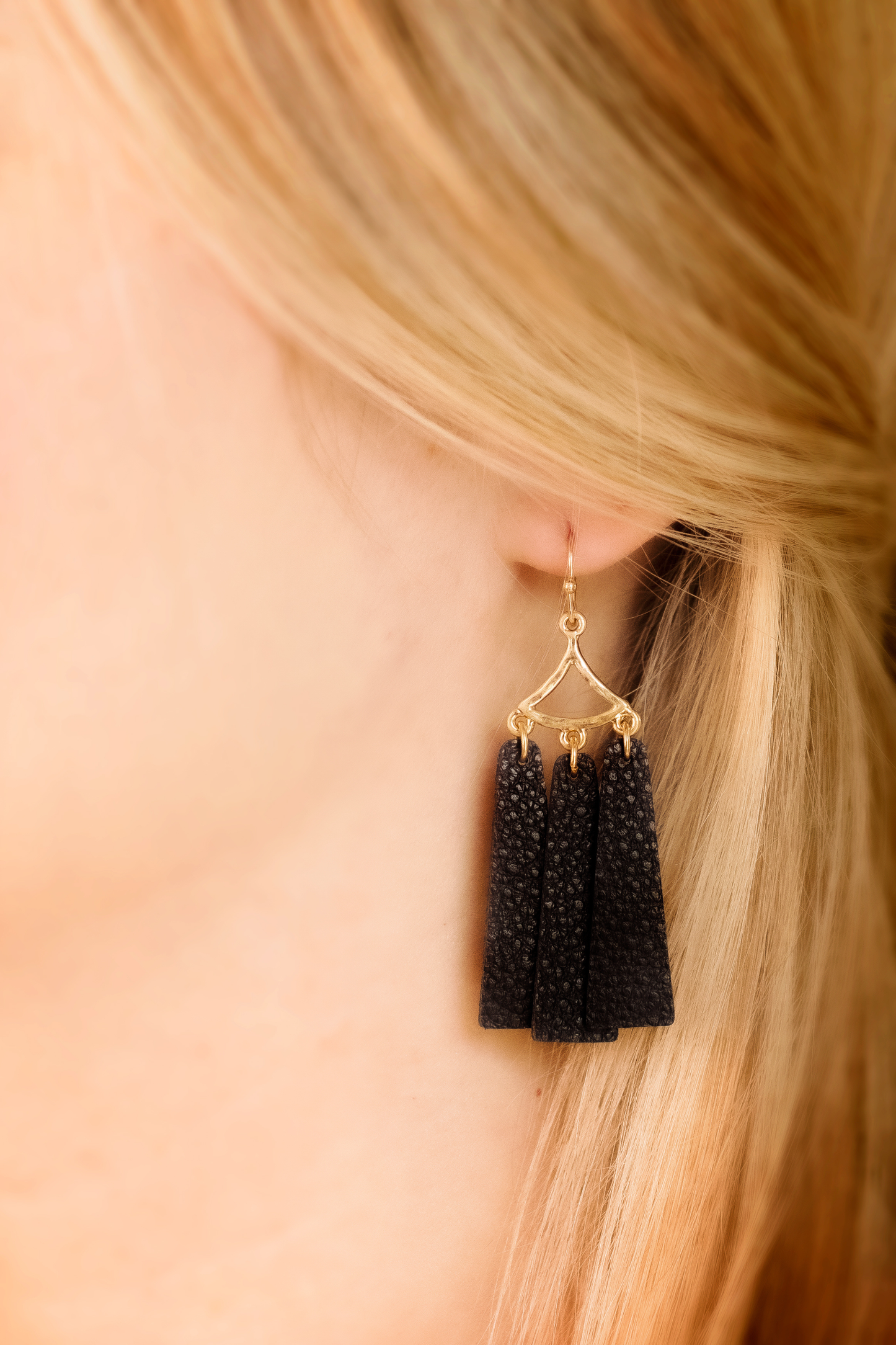 Faux Leather Chandelier Earrings - Black