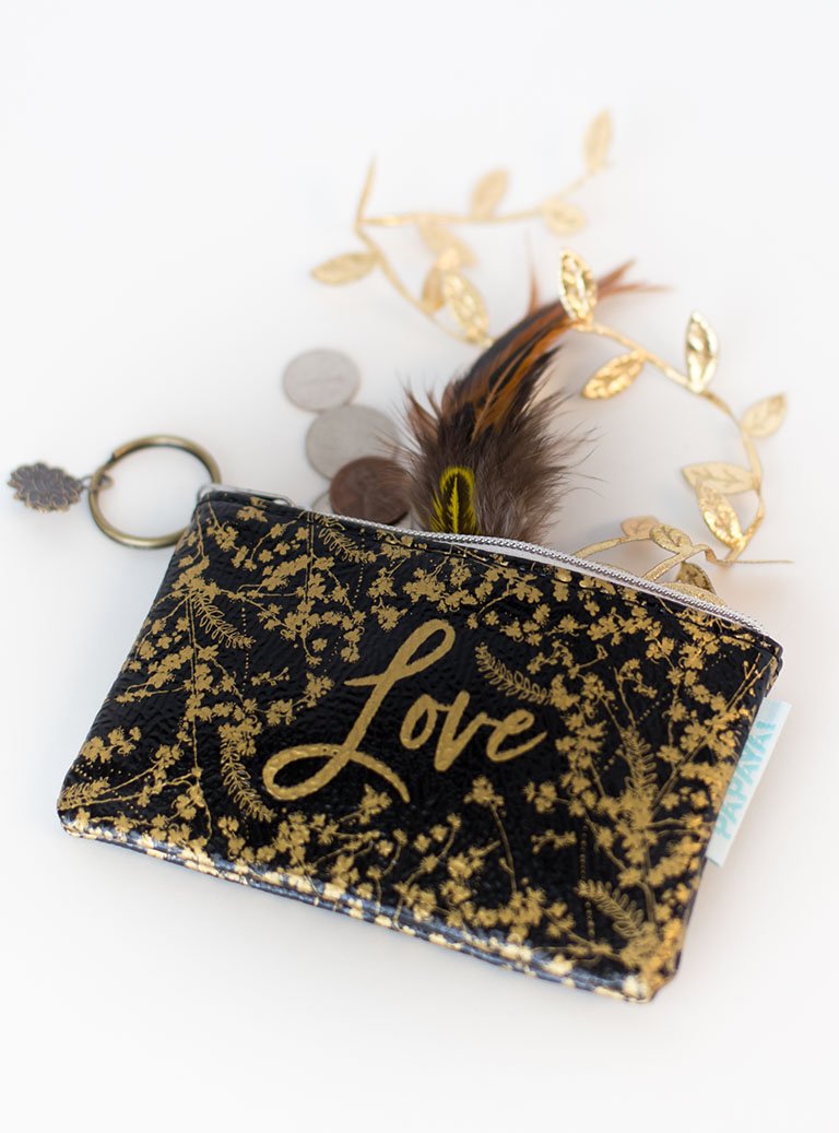 Coin Purse - Black Foiled Flowers