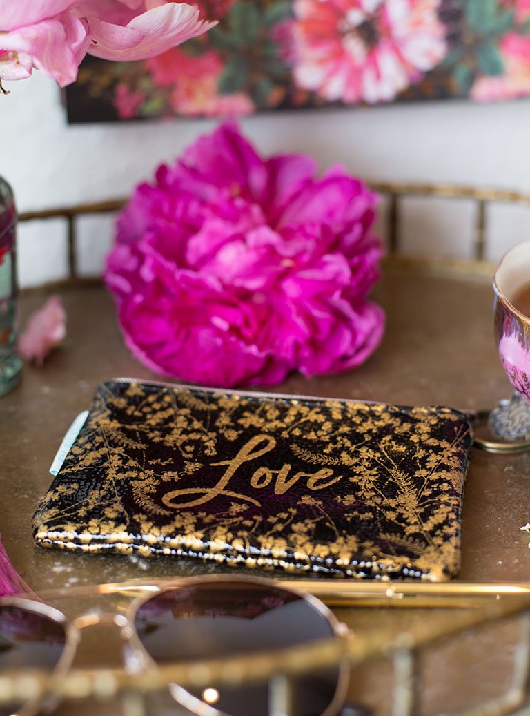 Coin Purse - Black Foiled Flowers