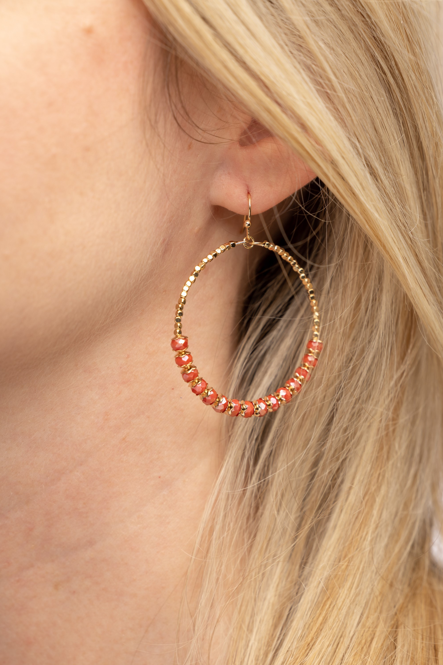 Round Beaded Hoop Earrings - Coral