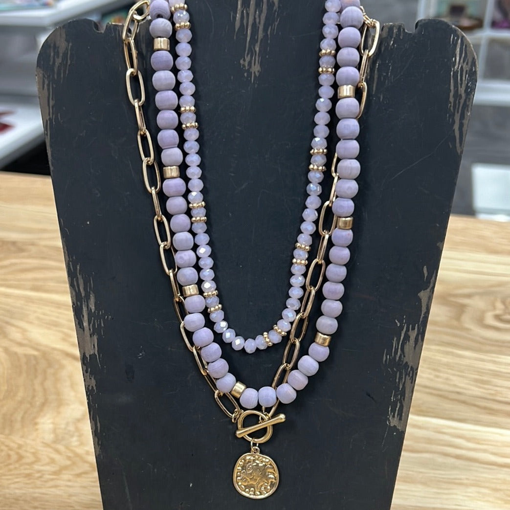 Lavender Wood Beaded Necklace With Gold Chain