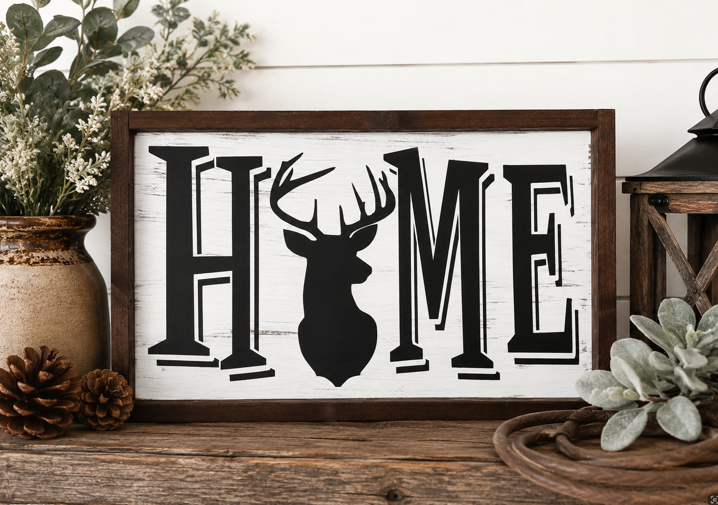 HOME Deer Sign Rustic Farmhouse Cabin Wall Decor 