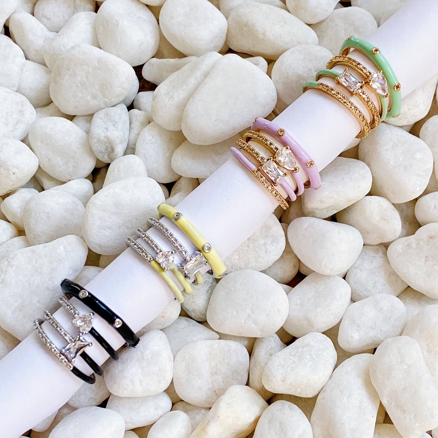 Pastel Glam Ring Set Of 4: Green/Gold