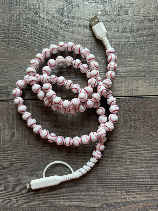 Baseball Beaded Phone Charger with Lightening and USB-C
