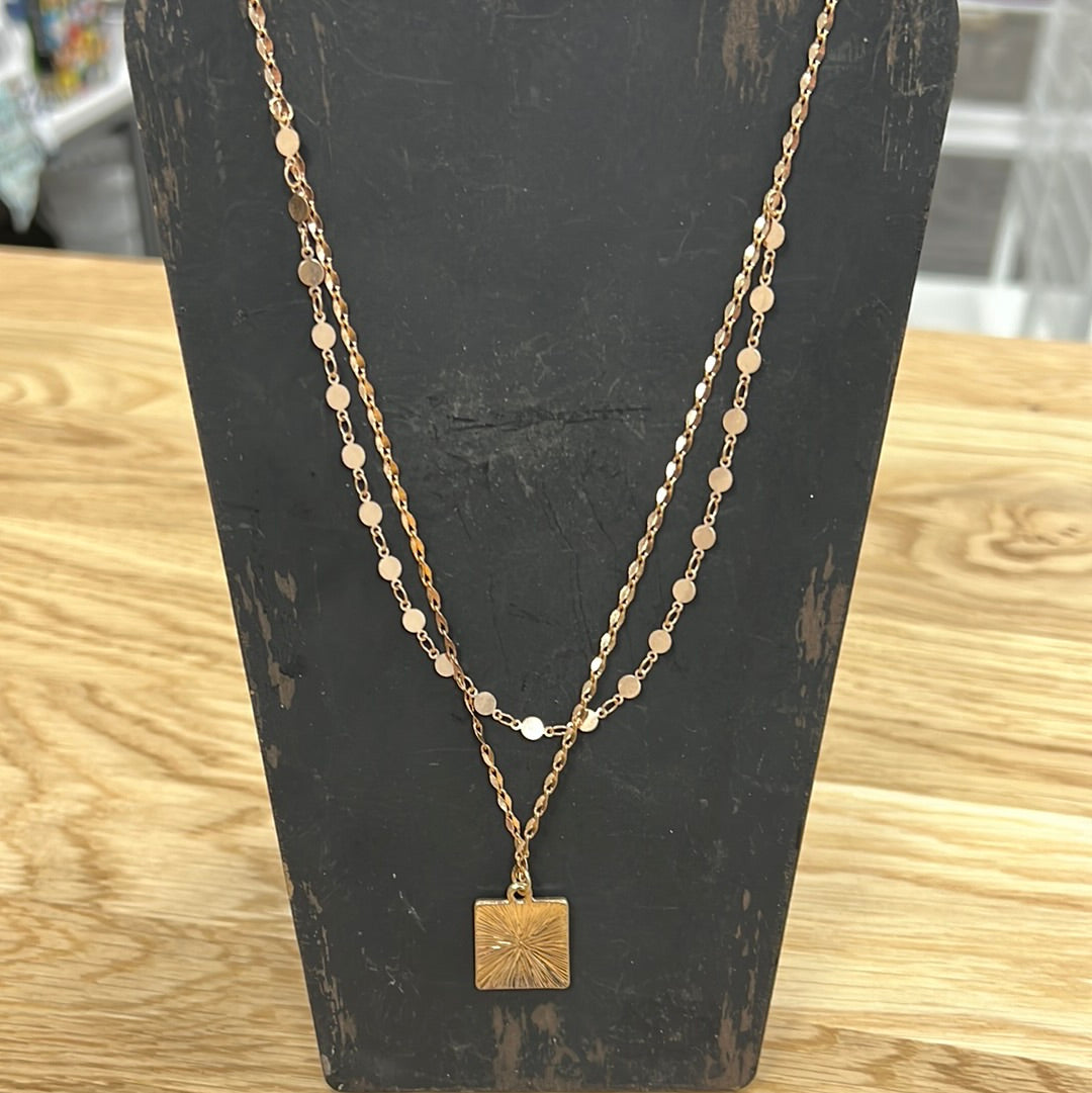 Gold Layered Necklace With Square Pendant