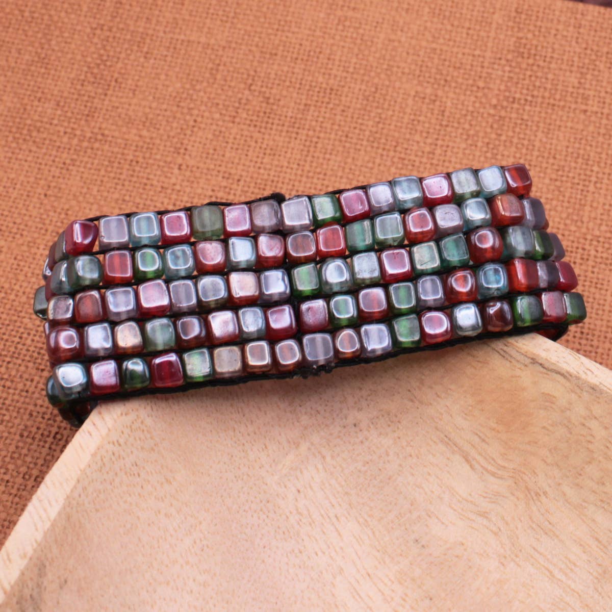 Rustic Reds Square Glass Bead Mosaic Stretch Bracelet