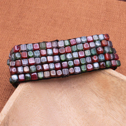 Rustic Reds Square Glass Bead Mosaic Stretch Bracelet