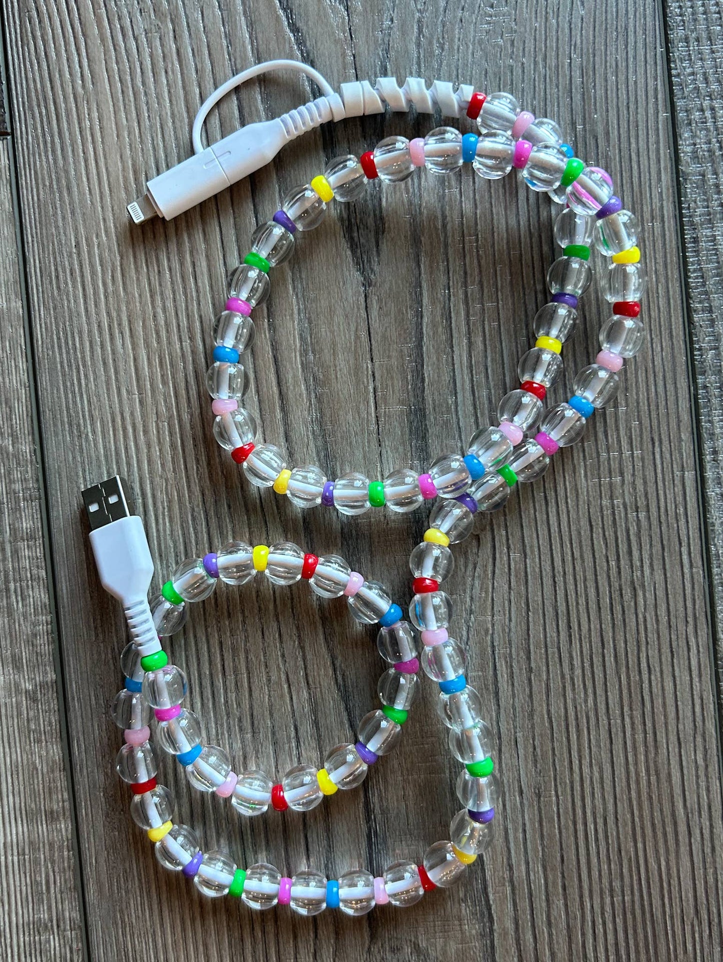 Beaded Phone Charger with Lightning & USB-C Cable - Clear Rainbow