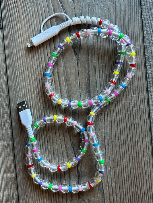 Beaded Phone Charger with Lightning & USB-C Cable - Clear Rainbow