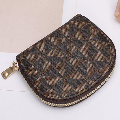 Brown patterned zippered pouch on a white background