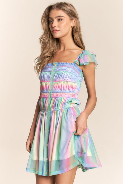 Rainbow Smocked Mini Mesh Dress