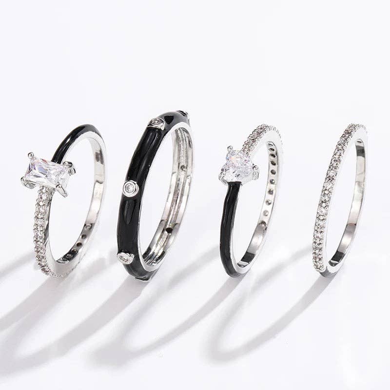 Pastel Glam Ring Set Of 4: Black/Silver