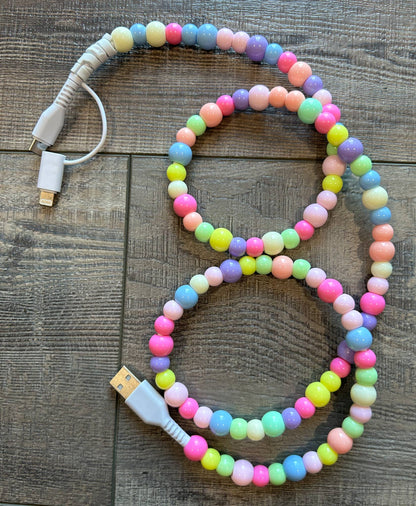 Beaded Phone Charger with Lightning & USB-C Cable: Rainbow