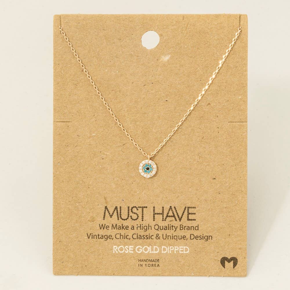 Gold Dipped Cz Trim Evil Eye Coin Necklace