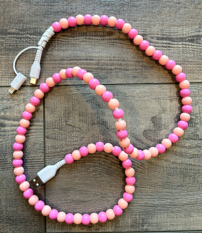 Beaded Phone Charger with Lightning & USB-C Cable: Pink and Coral