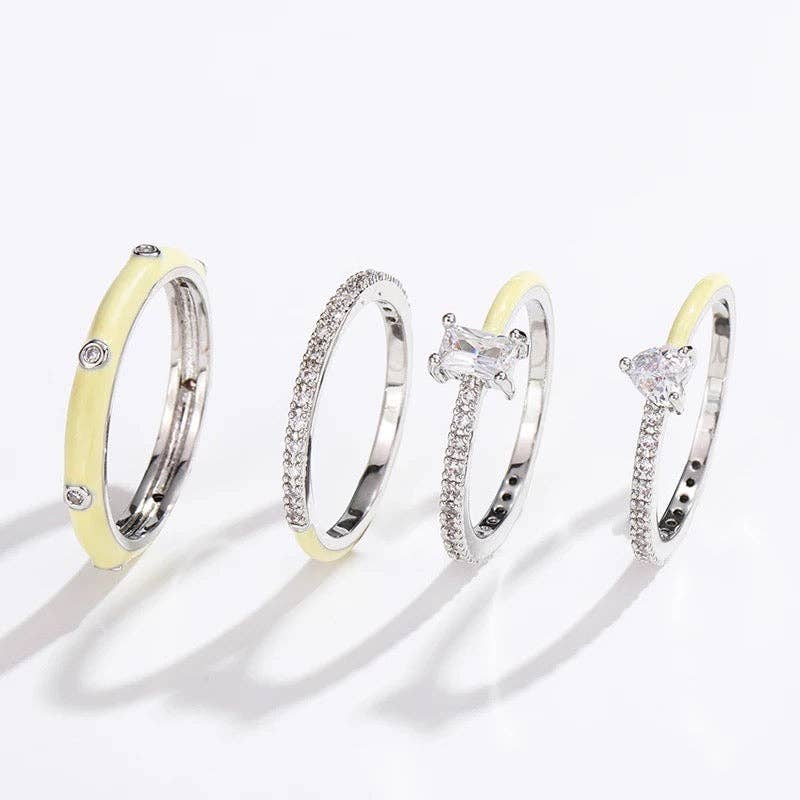 Pastel Glam Ring Set Of 4: Yellow/Silver