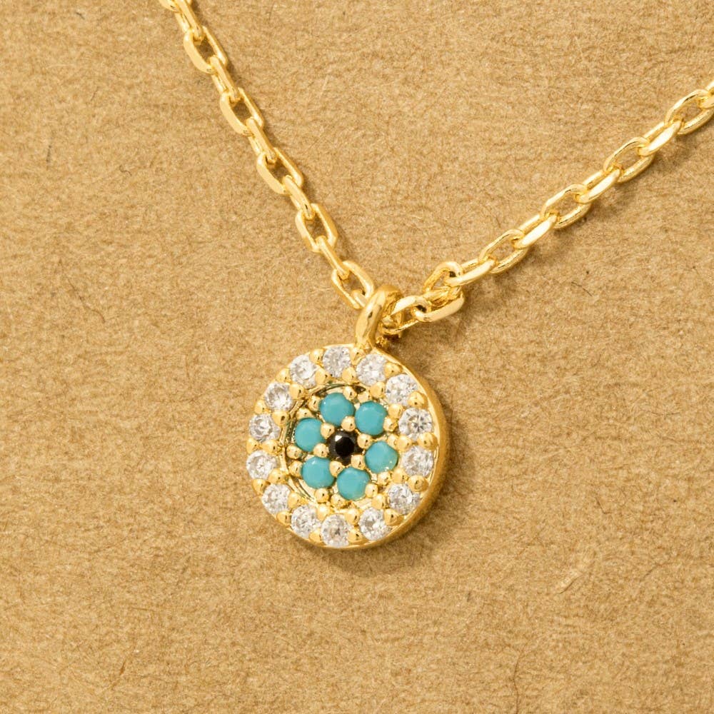 Gold Dipped Cz Trim Evil Eye Coin Necklace