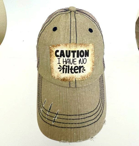 Caution I Have No Filter Distressed Trucker Hat - Bling / Black Khaki