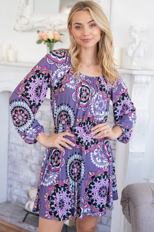Printed Long Sleeve Mini Dress with Short Liner
