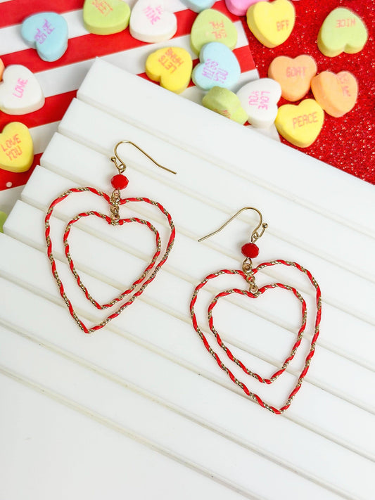 Wrapped Double Heart Dangle Earrings - Red