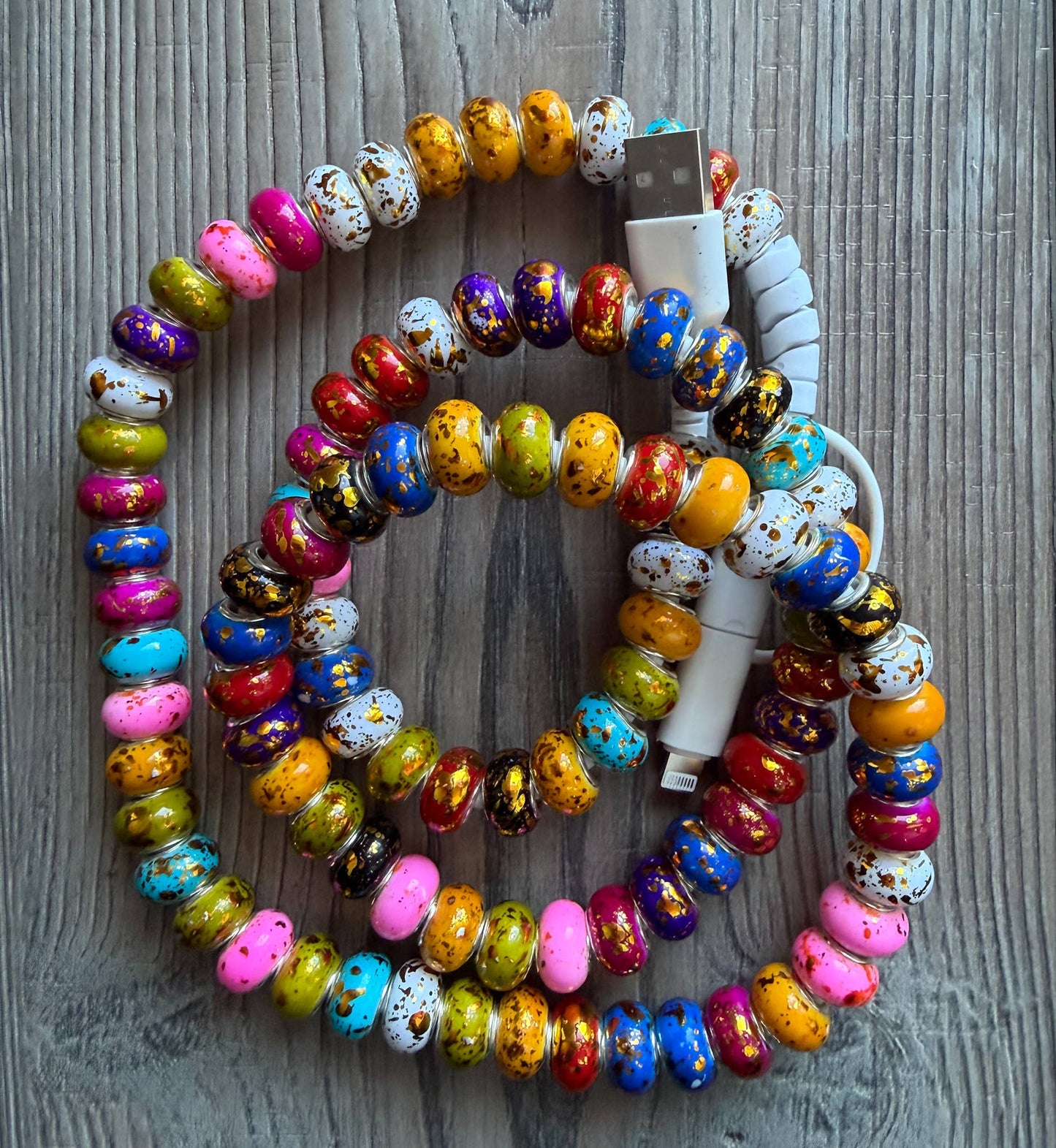 Gold Rainbow Beaded Phone Charger with Lightning & USB-C