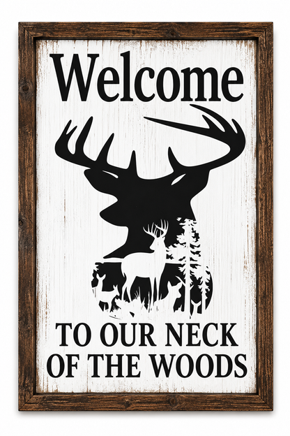 Welcome to Our Neck of the Rustic Deer Woods Sign