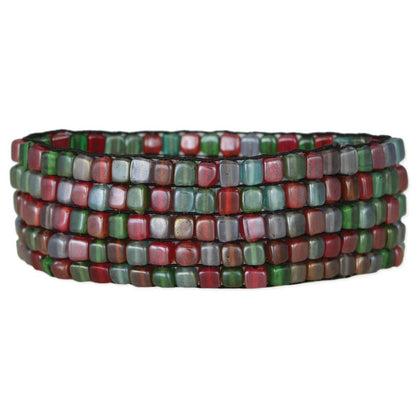 Rustic Reds Square Glass Bead Mosaic Stretch Bracelet