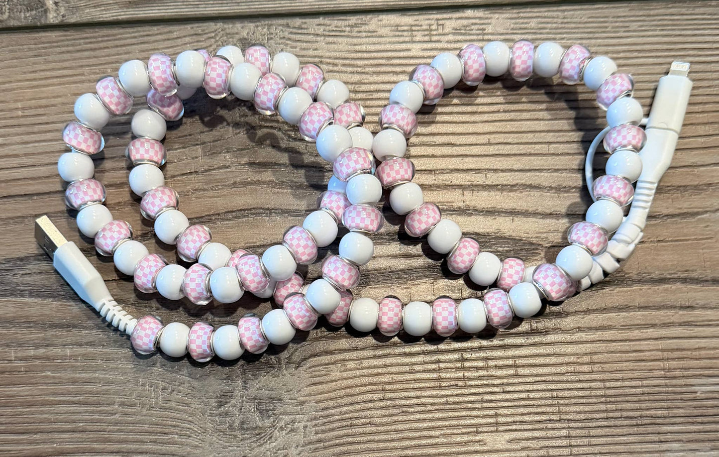 Beaded Phone Charger with Lightning & USB-C Cable - Light Pink Checkered