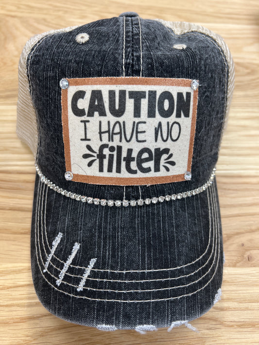 Caution I Have No Filter Distressed Trucker Hat - Bling / Black Khaki