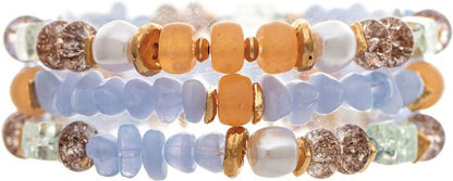 Gold Blue Peach Mixed Media Three Piece Stretch Bracelet