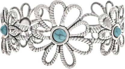 Silver Daisies with Turquoise Gem Center Cuff Bracelet