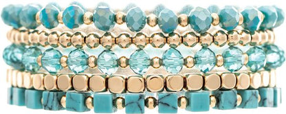 Gold and Turquoise Bead Five Piece Stretch Bracelet Set