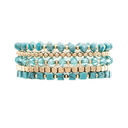 Gold and Turquoise Bead Five Piece Stretch Bracelet Set