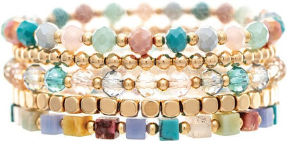 Gold Pastel Multicolor Beads Five Piece Stretch Bracelet Set