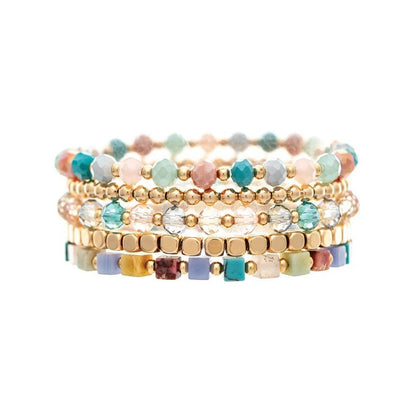 Gold Pastel Multicolor Beads Five Piece Stretch Bracelet Set