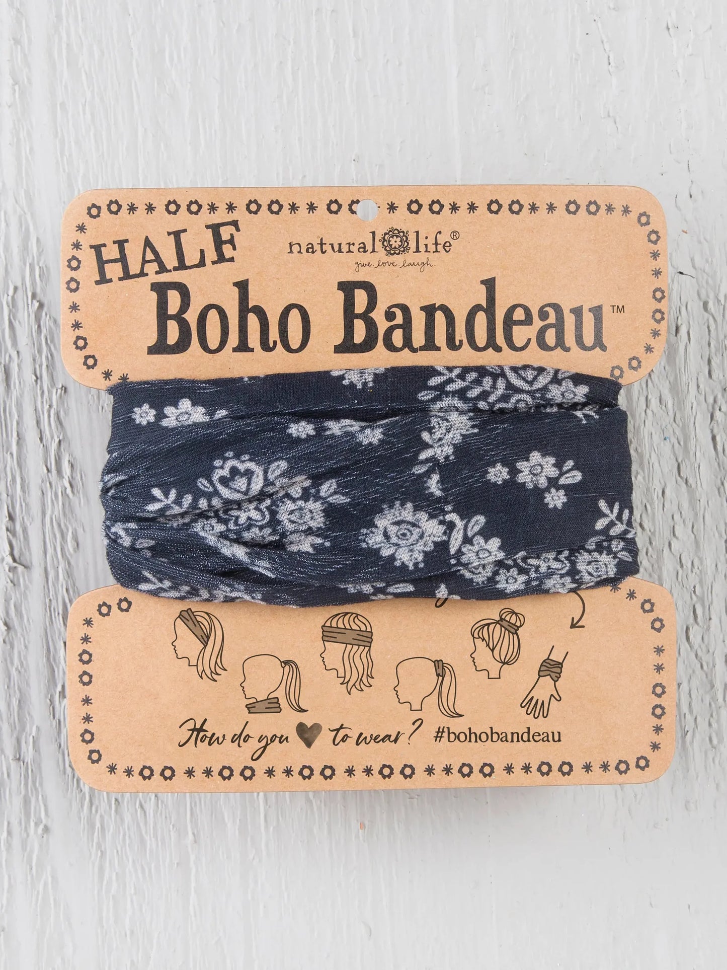 Half Boho Bandeau Headband - Black With Cream Floral