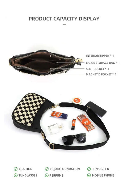 Black & White Checkered Crescent Messenger Bag