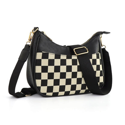 Black & White Checkered Crescent Messenger Bag