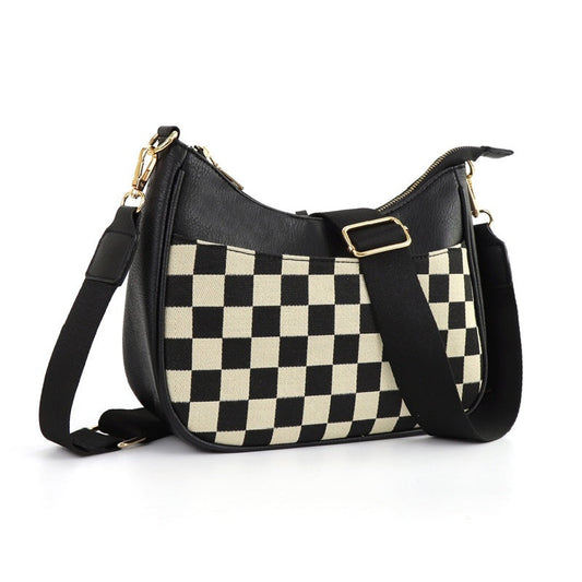 Black & White Checkered Crescent Messenger Bag