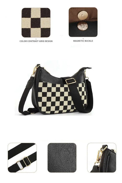 Black & White Checkered Crescent Messenger Bag