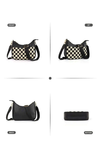Black & White Checkered Crescent Messenger Bag
