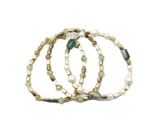 Green Glass Bead & Pearl 3 Piece Stretch Bracelet