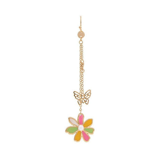 A gold-toned long dangle earring featuring a butterfly charm and a dangling flower charm with pink, yellow, and green enamel petals on a white background.