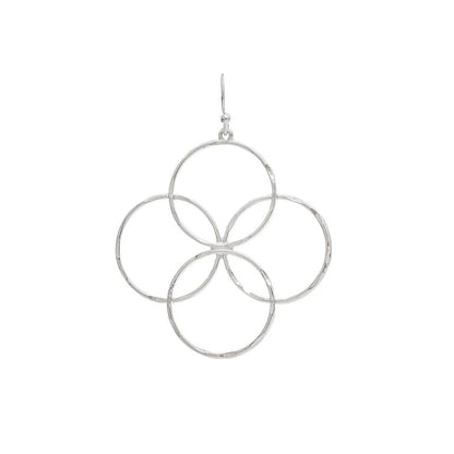 A silver-toned dangle earring featuring a textured, hammered finish and a geometric design of five interlocking rings, shown against a plain white background.