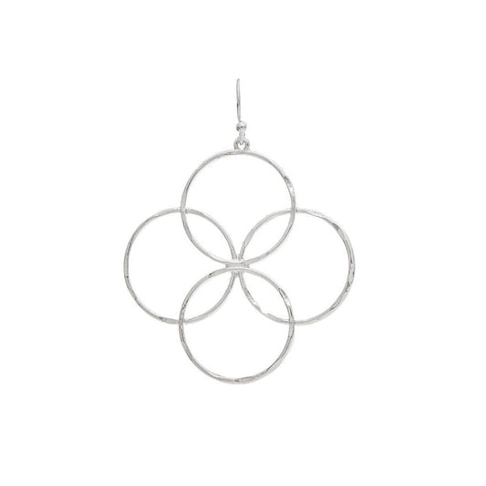 A silver-toned dangle earring featuring a textured, hammered finish and a geometric design of five interlocking rings, shown against a plain white background.
