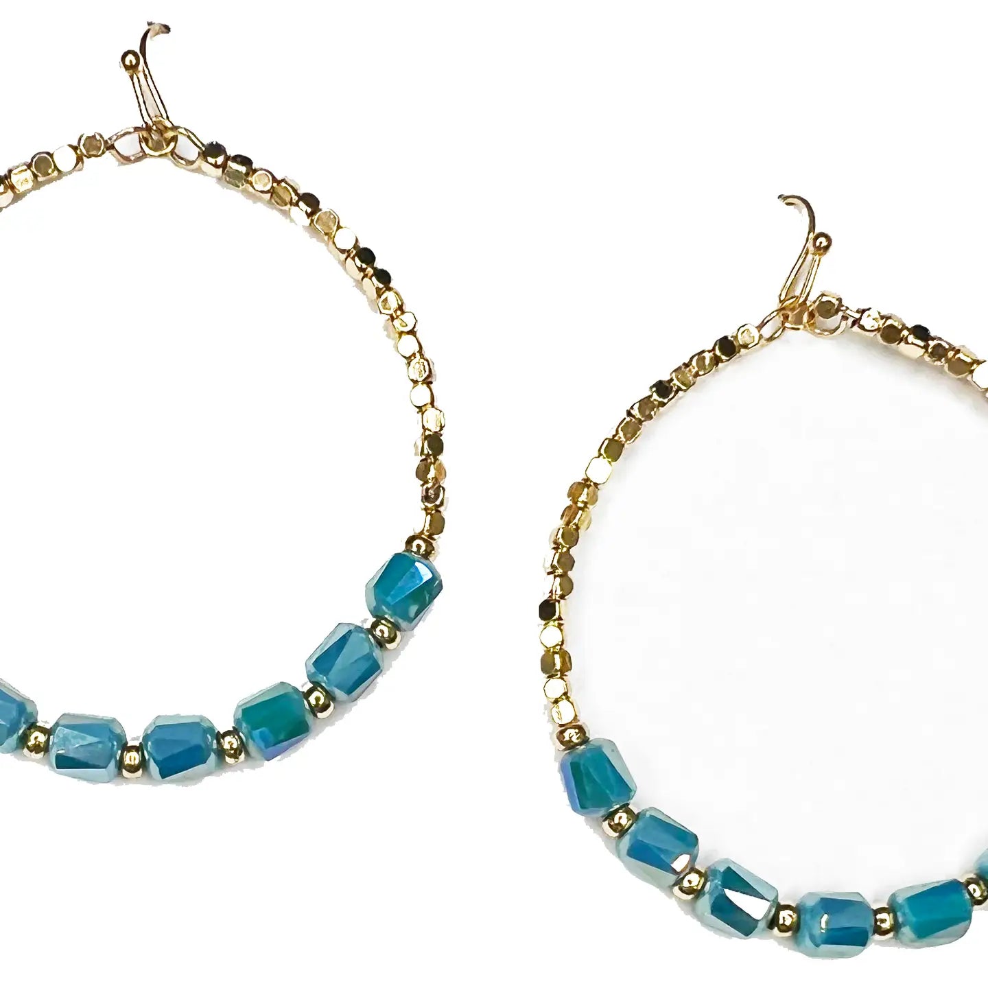 Blue Beads On Gold Beaded Hoop Earrings