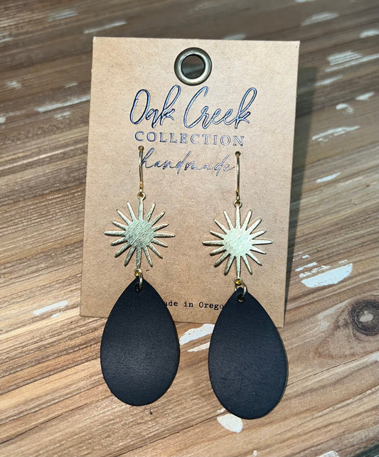 Gold Sunburst With Leather Earrings