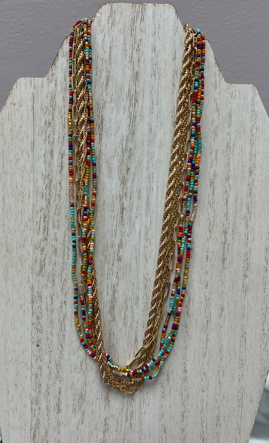 Multicolored Beads With Gold Chains Necklace