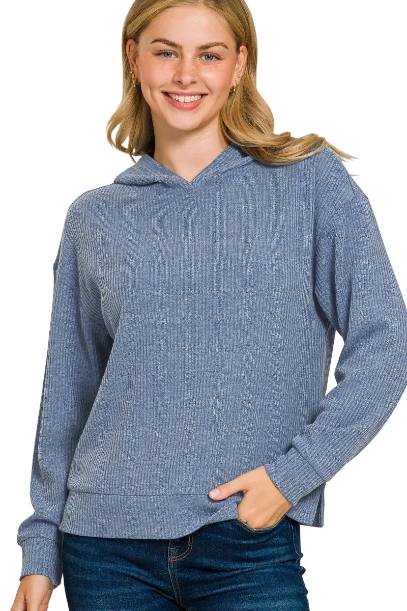 Blue Ribbed Hoodie Pullover