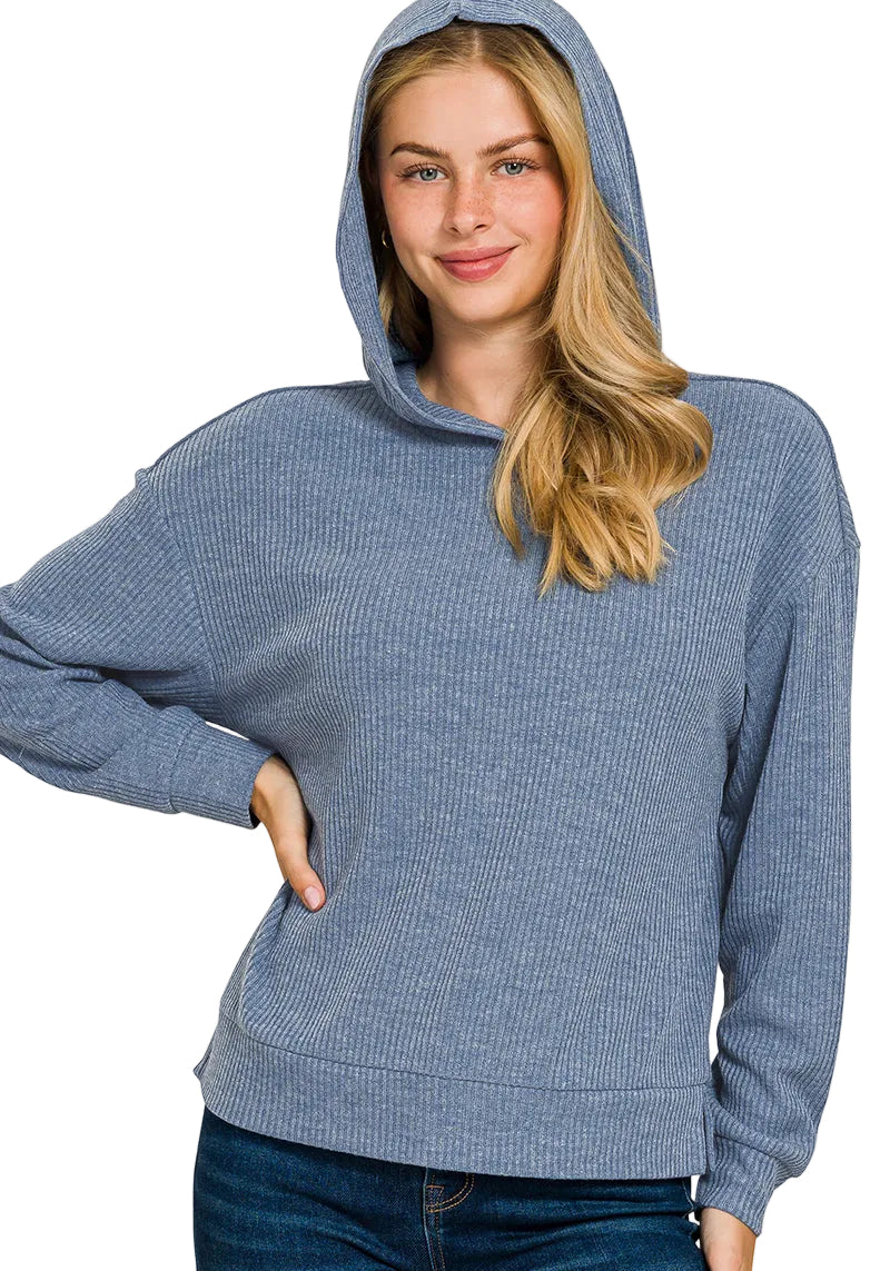 Blue Ribbed Hoodie Pullover